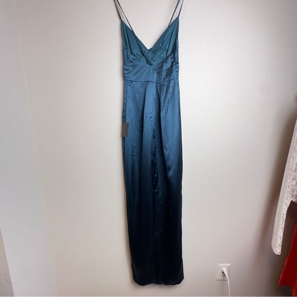 NWT LULUS Divine Entrance Teal Blue Satin Pleated Backless Maxi Dress - Picture 9 of 10